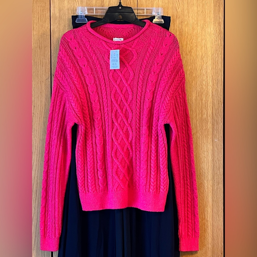 NWT NEW J.Crew J crew Small bright pink crew roll mock neck cable knit sweater - Picture 2 of 8